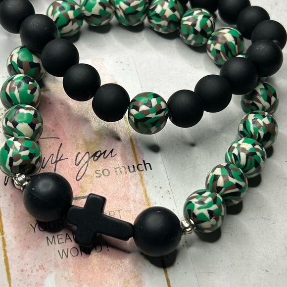 Black Matte & Green Mosaic Bead Bracelet Set - Picture 2 of 3